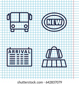 Set of 4 arrival outline icons such as luggage belt, airport bus, arrival table