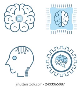Set of 4 artificial intelligence icons, symbols collection, isolated lined machine AI icon, smart AI and robotic and cloud computing network digital AI and technology