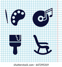 Set of 4 artistic filled icons such as paint brush, disc and music note, palette