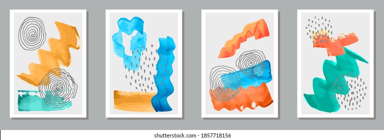 Set of 4 artistic minimalist hand painted illustrations for wall decoration, postcard or brochure design. Vector EPS10 with watercolor brush stroke and scribble elements..