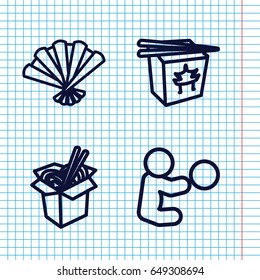 Set of 4 asian outline icons such as chinese fast food, noodles fast food, fan