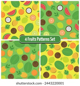 Set of 4 Assorted Fruit Patterns - Half and Whole Oranges, Lemons, Coconuts, Pineapples and Watermelons  Green and Yellow Backgrounds. Seamless link.