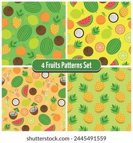 Set of 4 Assorted Fruit Patterns - Half and Whole Oranges, Lemons, Coconuts, Watermelons, Pineapple and Refreshing Summer Drinks on Colorful Backgrounds. Seamless link.