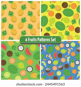 Set of 4 Assorted Fruit Patterns - Pineapple, Half and Whole Oranges, Lemons, Coconuts, Watermelons and Refreshing Summer Drinks on Colorful Backgrounds. Seamless link.
