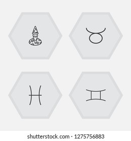 Set of 4 astrology icons line style set. Collection of augur, fishes, bull and other elements.