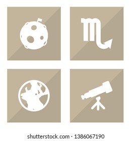 Set of 4 astronomy icons set. Collection of moon, telescope, globe and other elements.