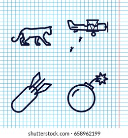 Set of 4 attack outline icons such as panther, bomb, rocket bomb
