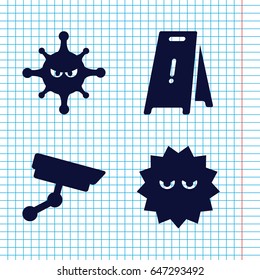 Set of 4 attention filled icons such as wet floor, bacteria