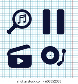 Set of 4 audio filled icons such as pause, serach music, gramophone