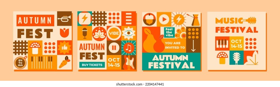 Conjunto de 4 plantillas de festival de otoño.
Diseño plano de mosaico.
Diseño editable para medios sociales o impresos.