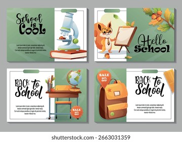 Conjunto de 4 diseños de regreso a la escuela con una ardilla del profesor, microscopio, globo, mochilas y artículos educativos. Ideal para carteles, promociones, lecciones y presentaciones.
