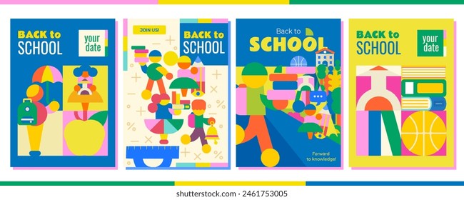 Set of 4 Back to School Posters. Modern, bright with a variety of school supplies and children who are in a hurry to learn. For announcements, advertisements, invitations, posters and much more