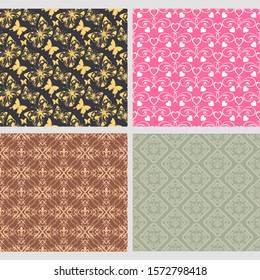 Set of 4 background wallpapers in vintage style for your design. Floral patterns. Colors image: black, white, pink, brown, gold. Graphic design templates, background seamless patterns. Vector set.