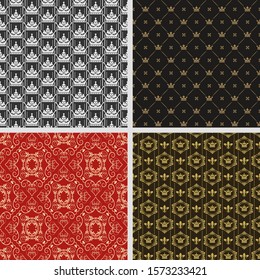 Set of 4 background wallpapers in vintage style for your design. Royal style. Colors image: black, white, red, gold. Graphic design templates, background seamless patterns. Vector set.