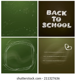Set of 4 backgrounds - Chalkboard with green and dark brown surface. Empty space for your text. Handwritten words BACK TO SCHOOL.