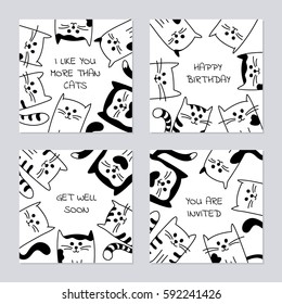 Set of 4 backgrounds with hand drawn cartoon black and white cats or kittens. Cards in vector format.