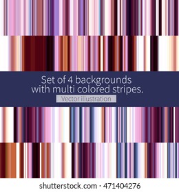 set of 4 backgrounds with multicolored stripes in brown, white and purple shades. Vector illustration.
