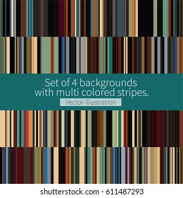 set of 4 backgrounds with multicolored stripes in green and brown shades. Vector illustration.