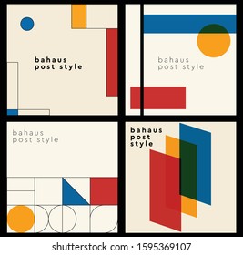 Set of 4 backgrounds with trendy geometric design. Bauhaus style. Vector template for Covers, Voucher, Posters, Flyers and Banner Designs.