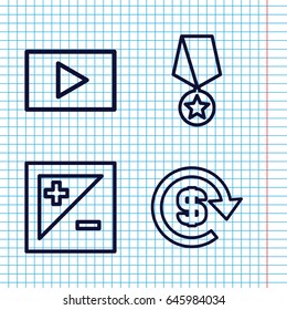 Set of 4 badge outline icons such as light exposure, play, dollar