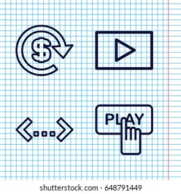 Set of 4 badge outline icons such as finger pressing play button, play, dollar