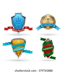 Set of 4 badges which consist of shields and ribbons. Isolated on white background. Vector illustration.