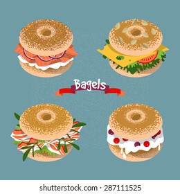 Set of 4 bagels with various topping. Vector illustration