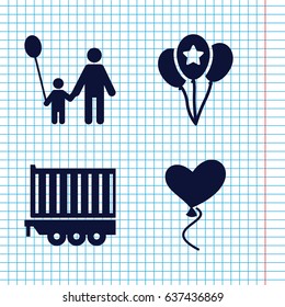 Set of 4 balloon filled icons such as cargo trailer, heart baloons, balloon