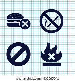 Set of 4 ban filled icons such as no fast food, no fire, no smoking