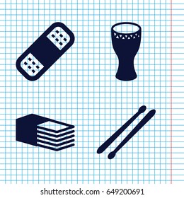 Set of 4 band filled icons such as bandage, drum stick