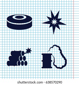Set of 4 bang filled icons such as dynamite, smoke bomb, smoking can