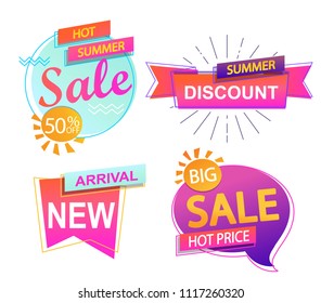 Set of 4 banner elements, sale and discount tag collection, hot summer special offer. Modern website stickers. Vector illustration.