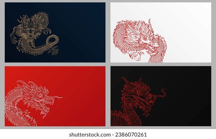 Set of 4 banners with angry flying dragon in Asian outline style. Black, blue, red and white wallpapers with Chinese mythological reptile and empty place for text. Dragon as 20024 new year symbol