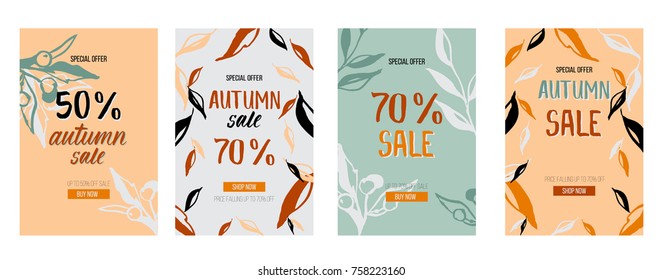 Set of 4 banners Autumn sale and discount. Vector hand lettering with isolated elements and background. Suitable for clothing stores, jewelry stores, cosmetics and technology stores