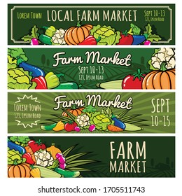 Set of 4 banners for the design of the farmer's eco market, signs for the vegetable shop. colorful cartoon style