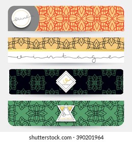 Set of 4 banners with geometric patterns . Banner gold in color with a white with green and red . Banner for the boutique .