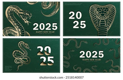 Set of 4 banners with linear hand-drawn Asian snakes as a symbol of 2024 New Year. Greeting cards with golden snake as Chinese traditional horoscope sign. Luxury vintage posters for Christmas holiday