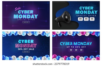 Conjunto de 4 banners con cuenta regresiva de venta, 3 globos brillantes y texto de neón brillante para el lunes cibernético. Afiches de promoción de alta tecnología con temporizador de descuento. Papeles de márketing, fondos de resplandor con oferta especial