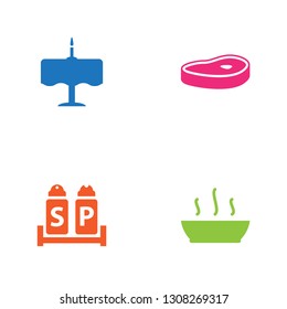 Set of 4 bar icons set. Collection of steak, soup, salt with pepper and other elements.
