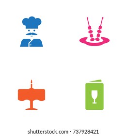 Set Of 4 Bar Icons Set.Collection Of Dinner Desk, Cook, Canape And Other Elements.