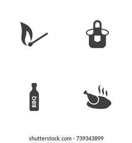 Set Of 4 Barbecue Icons Set.Collection Of Chicken, Kitchen Uniform, Matchstick And Other Elements.