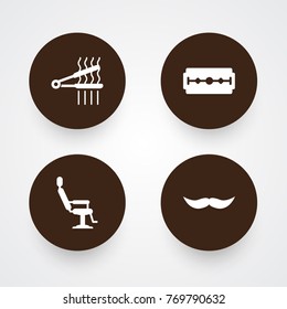 Set Of 4 Barber Icons Set.Collection Of Razor, Whiskers, Elbow Chair And Other Elements.