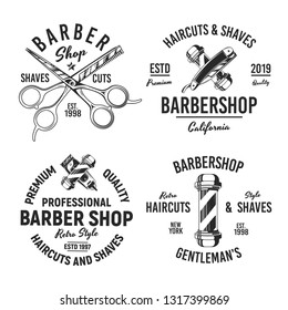 Set of 4 barber shop logos, emblems, labels. Retro vintage design. Vector illustration
