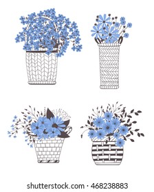 Set of 4 baskets full of blue flowers and leaves in doodle style