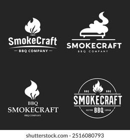 Set of 4 BBQ or Smokecraft logos, each in a unique style. Designs include bold smoke and flame elements, rustic grills, and modern barbecue themes. Perfect for restaurants, food trucks, or culinary 