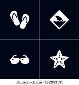 Set of 4 beach icons set. Collection of shark sign, thongs, sunglasses and other elements.