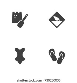 Set Of 4 Beach Icons Set.Collection Of Warning, Flip Flop, Game And Other Elements.