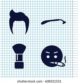 Set of 4 beard filled icons such as man hairstyle, razor, shaving brush
