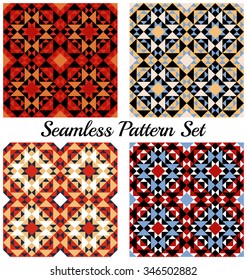 Set of 4 beautiful abstract geometric patterns with triangles and squares of red, orange, blue, white, black and beige shades