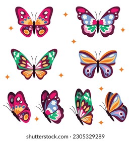 Set of 4 beautiful different butterflies. Back view and side view. Vector graphic.